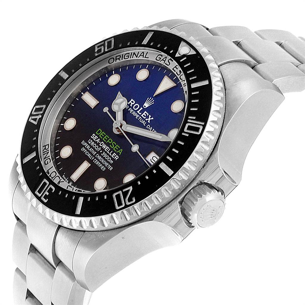 The image shows the Rolex Sea-Dweller 126660 Men
s Stainless Steel Blue Dial 126660 Men
s Stainless Steel Blue Dial watch at a 45-degree angle, highlighting the watch face, bezel, crown, and bracelet.