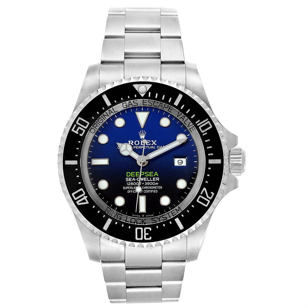 The image shows a frontal view of the Rolex Sea-Dweller 126660 Men
s Stainless Steel Blue Dial 126660 Men
s Stainless Steel Blue Dial Deepsea watch, displaying the dial, bezel, and bracelet.