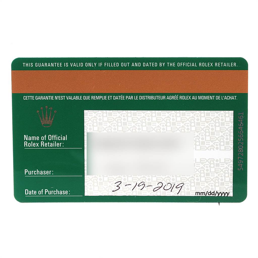 This image shows the guarantee card for the Rolex Sea-Dweller 126660 Men
s Stainless Steel Blue Dial 126660 Men
s Stainless Steel Blue Dial watch.