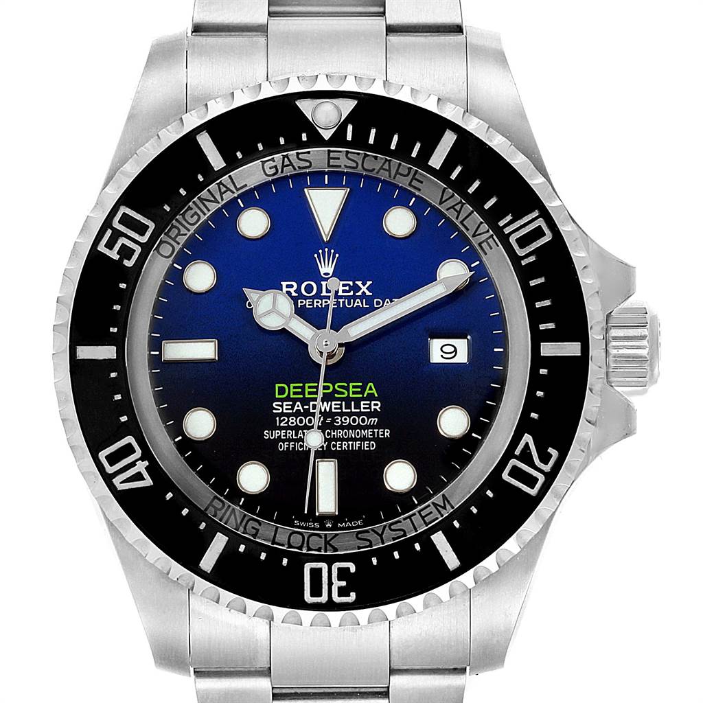 The image shows a front view of a Rolex Sea-Dweller 126660 Men
s Stainless Steel Blue Dial 126660 Men
s Stainless Steel Blue Dial watch, highlighting the face, bezel, and part of the metal bracelet.