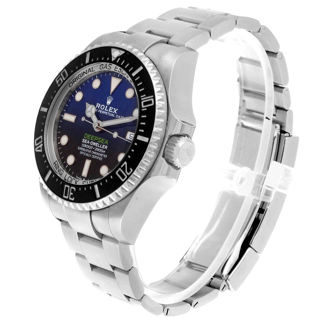 The image shows a Rolex Sea-Dweller 126660 Men
s Stainless Steel Blue Dial 126660 Men
s Stainless Steel Blue Dial watch at a slight angle, highlighting its face, bezel, and part of the stainless steel bracelet.