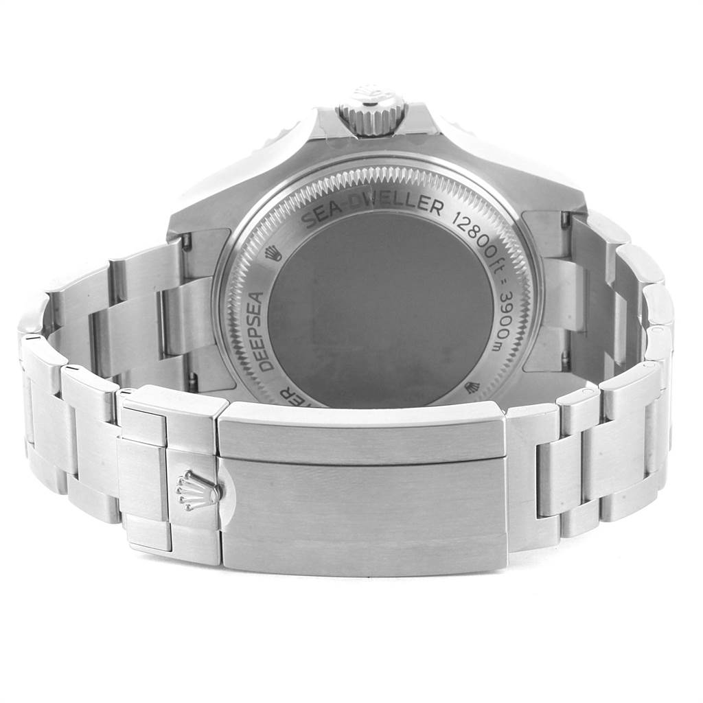 The image shows the back view of a Rolex Sea-Dweller 126660 Men
s Stainless Steel Blue Dial 126660 Men
s Stainless Steel Blue Dial watch, highlighting the case back and bracelet clasp.