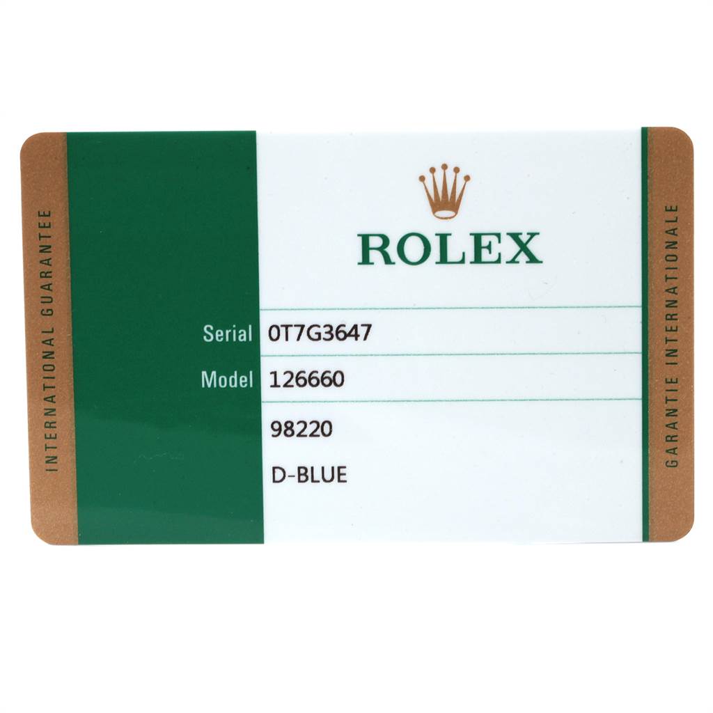 The image shows the international guarantee card for a Rolex Sea-Dweller 126660 Men
s Stainless Steel Blue Dial 126660 Men
s Stainless Steel Blue Dial model 126660, serial number 0T7G3647, with a D-Blue dial.