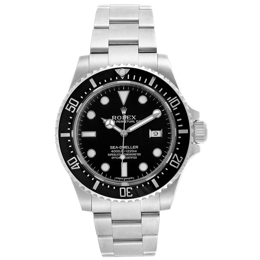 This image shows a front view of the Rolex Sea-Dweller 116600 Men
s Stainless Steel Black Dial 116600 Men
s Stainless Steel Black Dial watch featuring its dial, bezel, and bracelet.