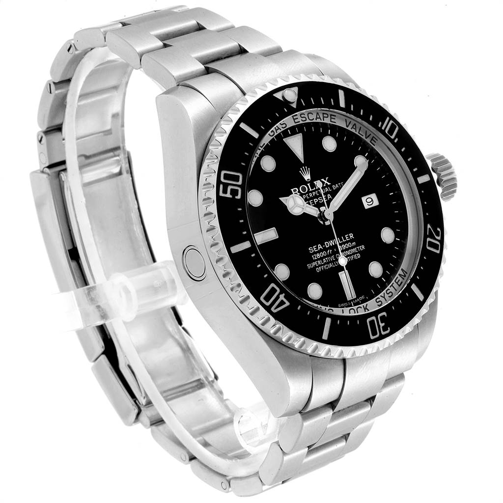 The image shows a side and slightly frontal view of the Rolex Sea-Dweller 116660 Men
s Stainless Steel Black Dial 116660 Men
s Stainless Steel Black Dial watch, highlighting the dial, bezel, crown, and bracelet.