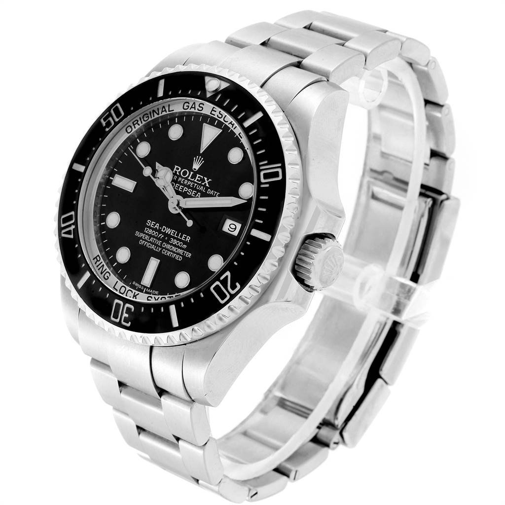 The image shows a side-angle view of the Rolex Sea-Dweller 116660 Men
s Stainless Steel Black Dial 116660 Men
s Stainless Steel Black Dial watch, highlighting the face, bezel, crown, and bracelet.