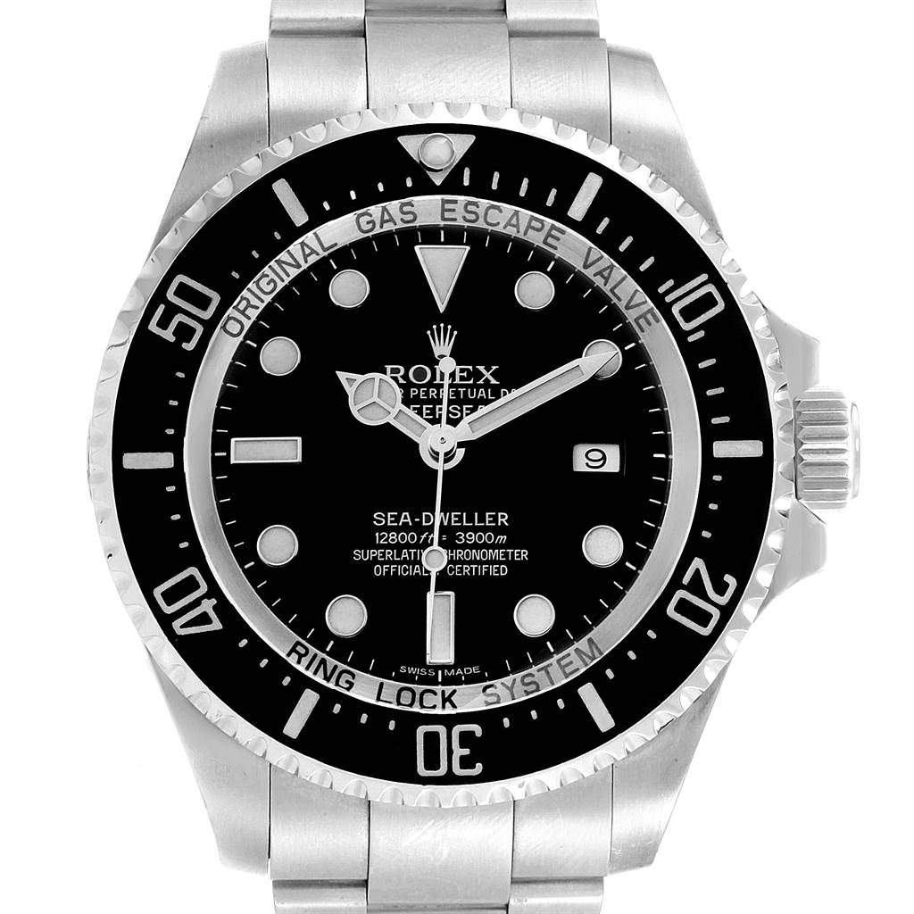 The image shows a front view of a Rolex Sea-Dweller 116660 Men
s Stainless Steel Black Dial 116660 Men
s Stainless Steel Black Dial watch, highlighting the dial, bezel, and part of the bracelet.
