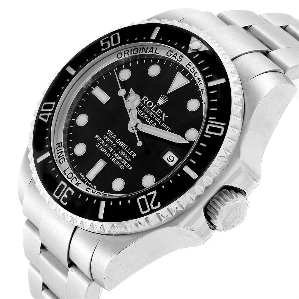 The image shows the Rolex Sea-Dweller 116660 Men
s Stainless Steel Black Dial 116660 Men
s Stainless Steel Black Dial watch at an angle highlighting its face, bezel, crown, and part of the bracelet.