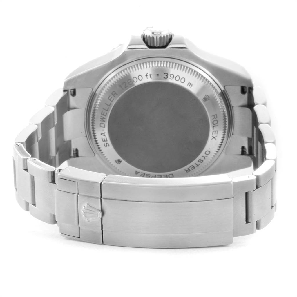 The image shows the back view of a Rolex Sea-Dweller 116660 Men
s Stainless Steel Black Dial 116660 Men
s Stainless Steel Black Dial watch, highlighting the case back and bracelet clasp.