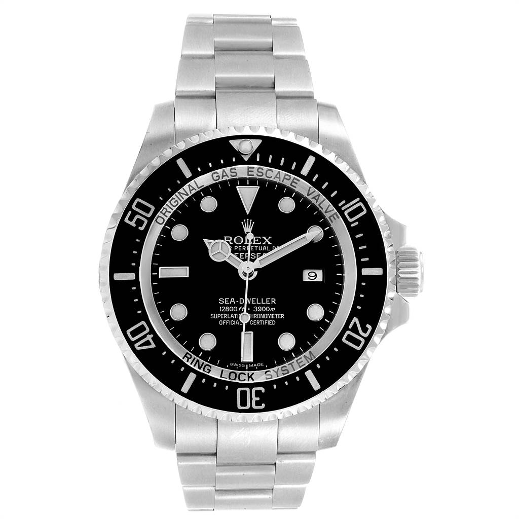 The image shows a front view of the Rolex Sea-Dweller 116660 Men
s Stainless Steel Black Dial 116660 Men
s Stainless Steel Black Dial watch, displaying its dial, bezel, and bracelet.