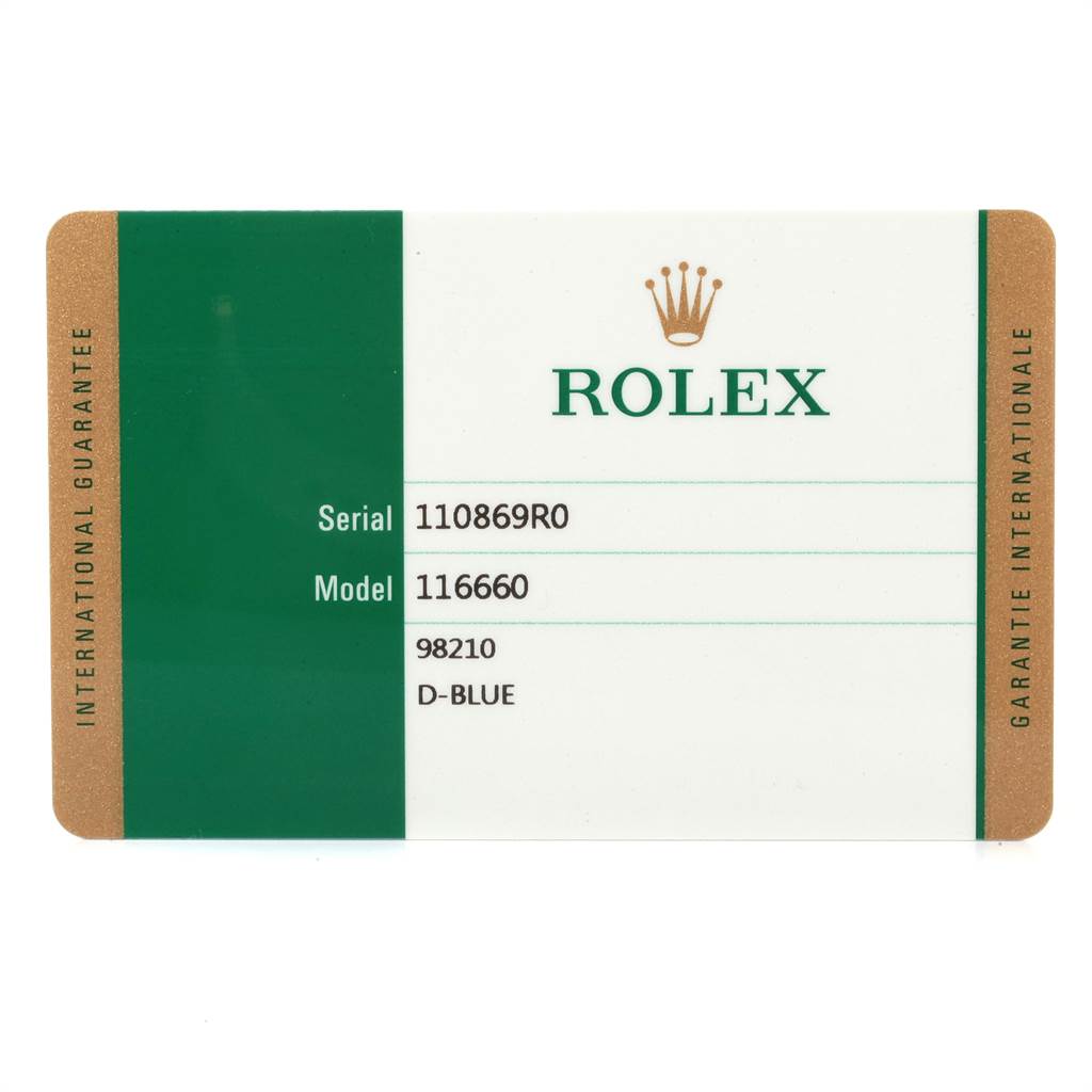 The image shows the Rolex international guarantee card for the Sea-Dweller model 116660, D-Blue edition.