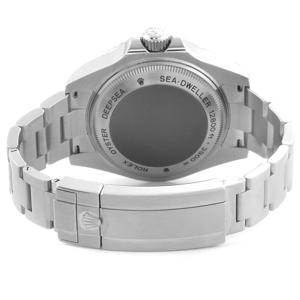 This image shows the back case and bracelet of a Rolex Sea-Dweller 116660 Men
s Stainless Steel Blue Dial 116660 Men
s Stainless Steel Blue Dial watch, highlighting the depth rating and model details.