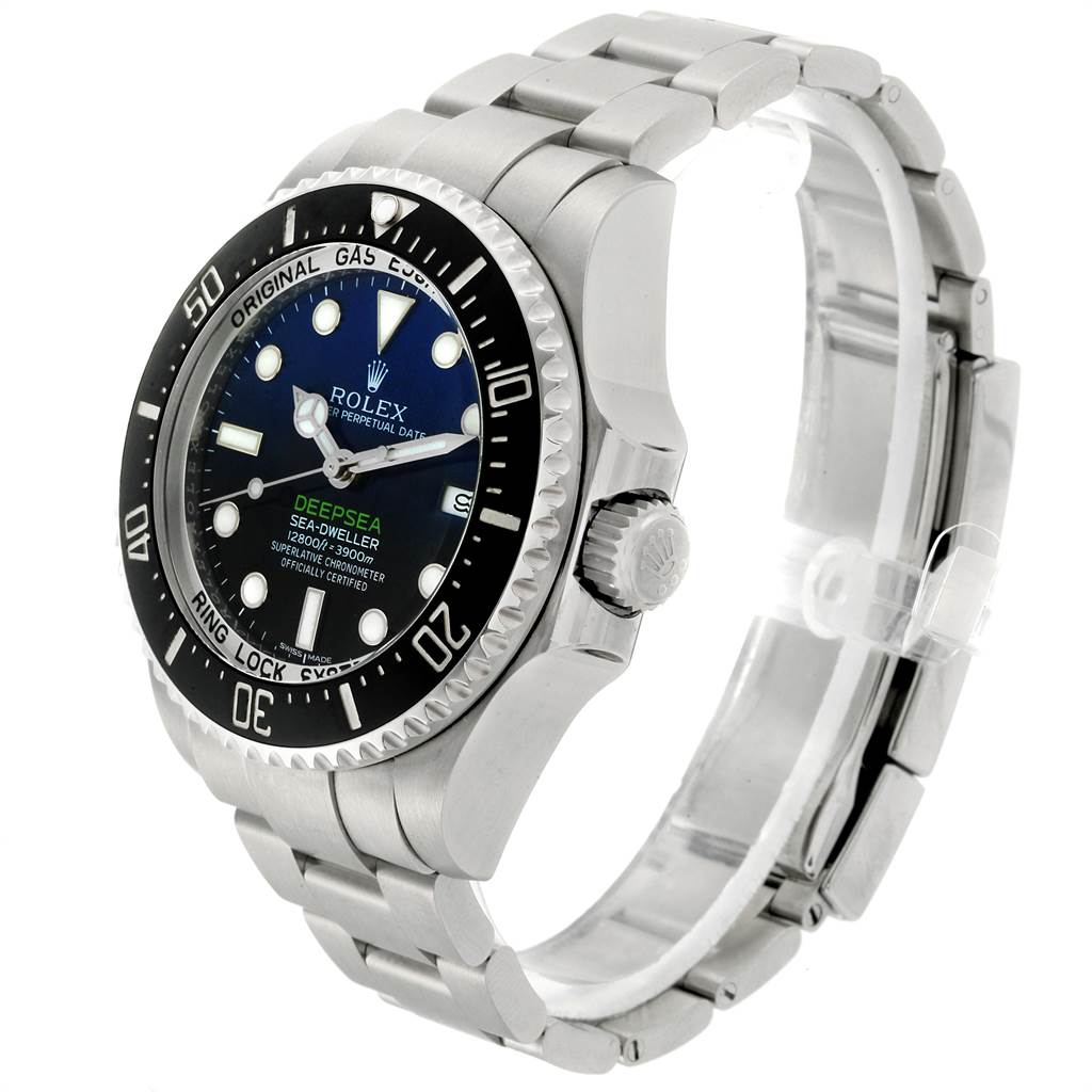The Rolex Sea-Dweller 116660 Men
s Stainless Steel Blue Dial 116660 Men
s Stainless Steel Blue Dial watch is shown at a three-quarter angle, highlighting the face, bezel, crown, and bracelet.