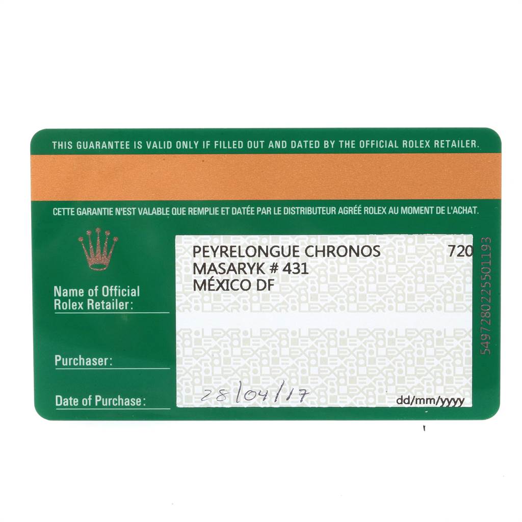 The image shows a warranty card for a Rolex Sea-Dweller 116660 Men
s Stainless Steel Blue Dial 116660 Men
s Stainless Steel Blue Dial watch, including retailer information and the purchase date.