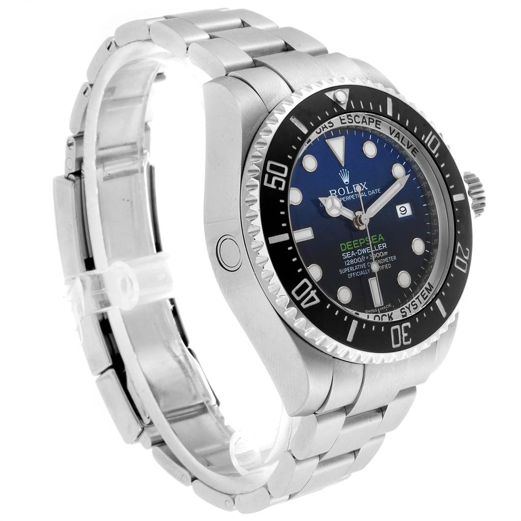 The image shows a side angle of the Rolex Sea-Dweller 116660 Men
s Stainless Steel Blue Dial 116660 Men
s Stainless Steel Blue Dial watch, highlighting the bracelet, bezel, and face.