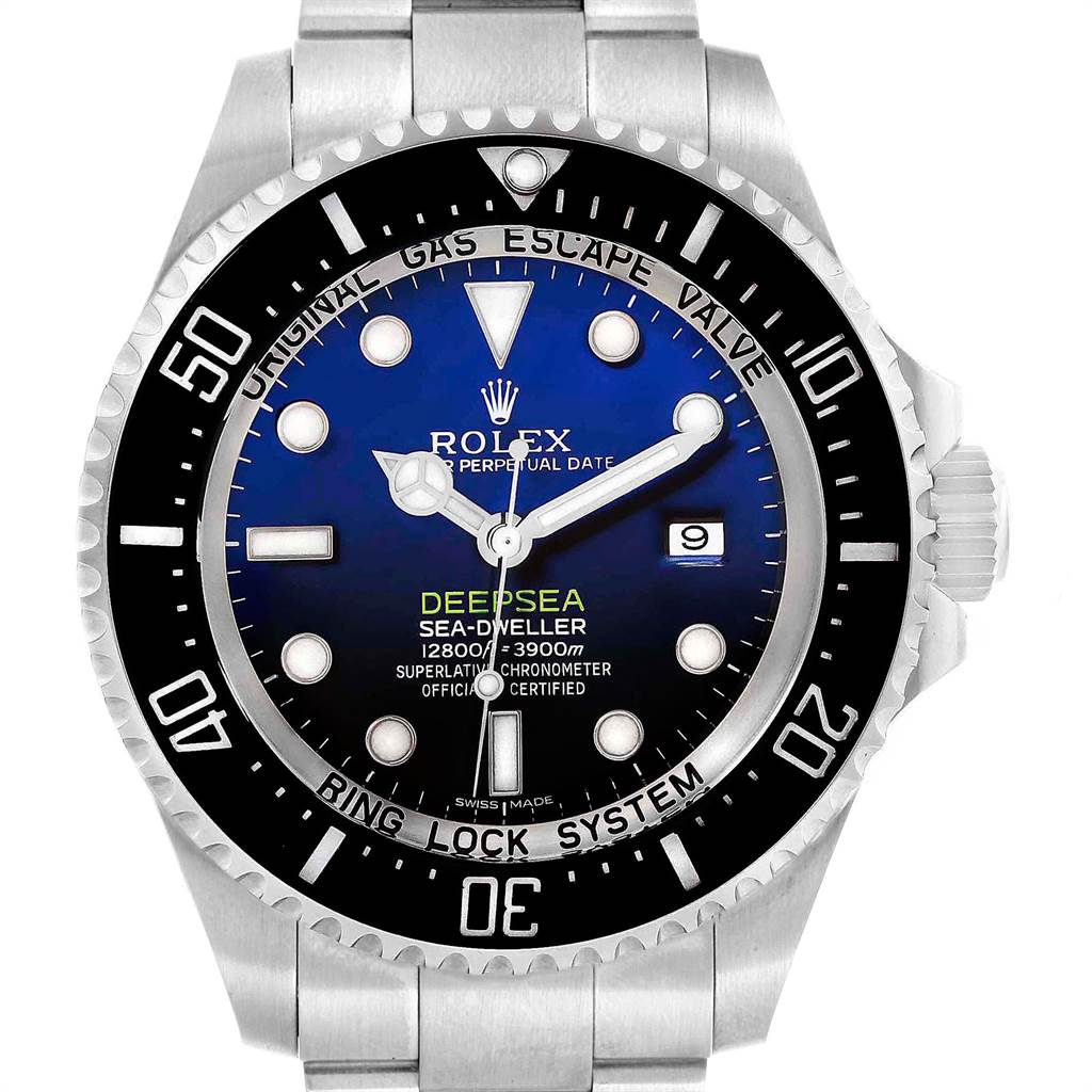 This is a front view of the Rolex Sea-Dweller 116660 Men
s Stainless Steel Blue Dial 116660 Men
s Stainless Steel Blue Dial watch showing the dial, bezel, and part of the bracelet.