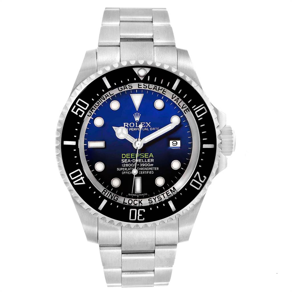 This image shows a front view of a Rolex Sea-Dweller 116660 Men
s Stainless Steel Blue Dial 116660 Men
s Stainless Steel Blue Dial watch, highlighting its dial, bezel, and bracelet.
