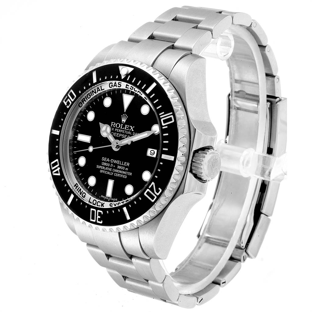 The image shows a Rolex Sea-Dweller 116660 Men
s Stainless Steel Black Dial 116660 Men
s Stainless Steel Black Dial watch angled slightly from the right, showcasing the face, bezel, crown, and part of the bracelet.