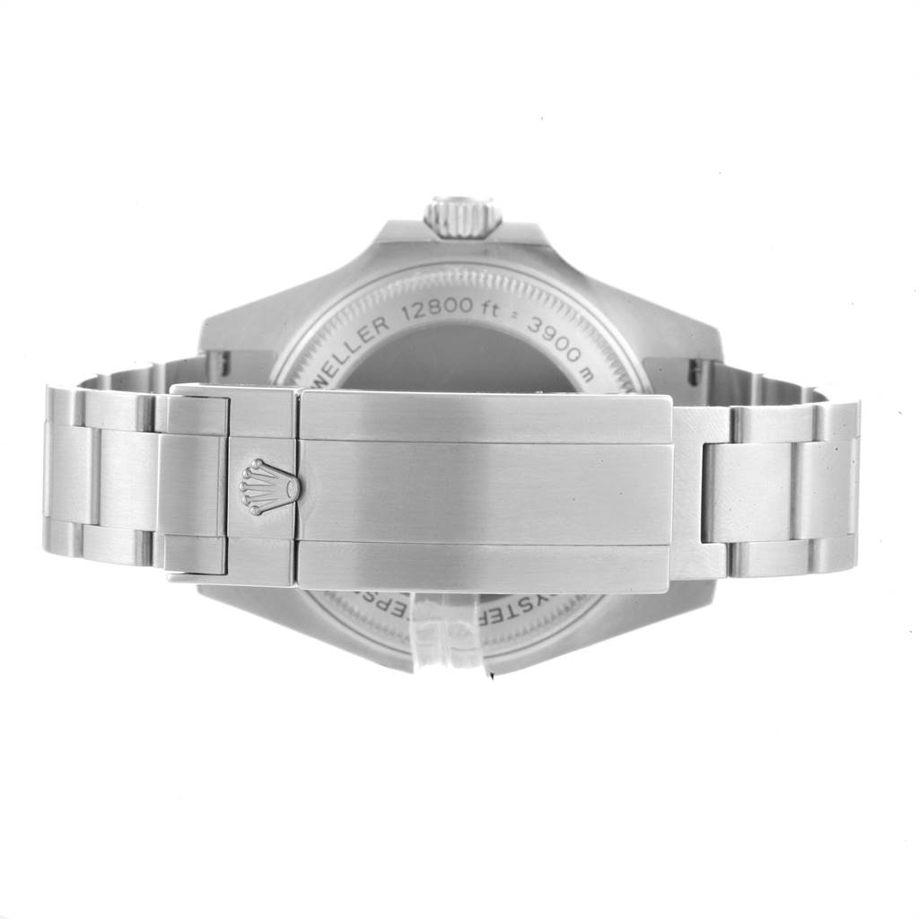 This image shows the back view of the Rolex Sea-Dweller 116660 Men
s Stainless Steel Black Dial 116660 Men
s Stainless Steel Black Dial watch, focusing on its stainless steel bracelet and clasp.