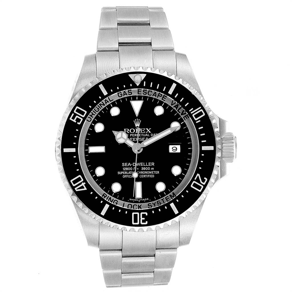 The Rolex Sea-Dweller 116660 Men
s Stainless Steel Black Dial 116660 Men
s Stainless Steel Black Dial watch is shown from the front, displaying the dial, bezel, crown, and stainless steel bracelet.