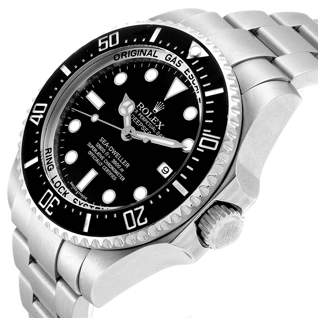 The image shows a Rolex Sea-Dweller 116660 Men
s Stainless Steel Black Dial 116660 Men
s Stainless Steel Black Dial watch at a slight angle, highlighting its black dial, bezel, and stainless steel bracelet.
