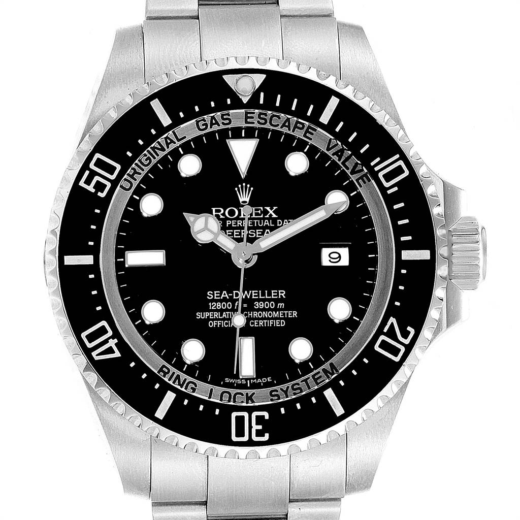 This image shows a frontal view of the Rolex Sea-Dweller 116660 Men
s Stainless Steel Black Dial 116660 Men
s Stainless Steel Black Dial watch, highlighting the dial, bezel, and part of the bracelet.