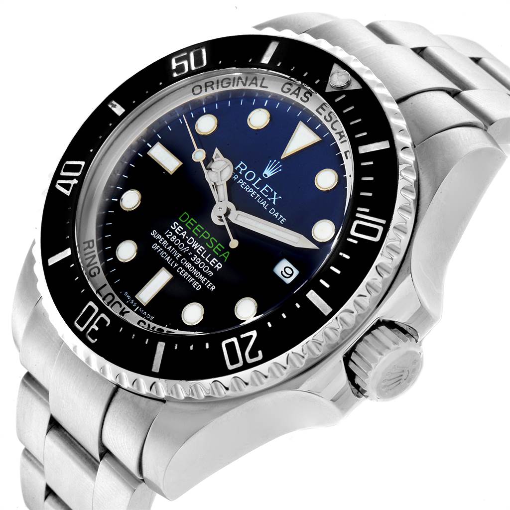 The image shows a Rolex Sea-Dweller 116660 Men's Stainless Steel Blue Dial 116660 Men's Stainless Steel Blue Dial watch at an angled view, highlighting the face, bezel, crown, and part of the bracelet.