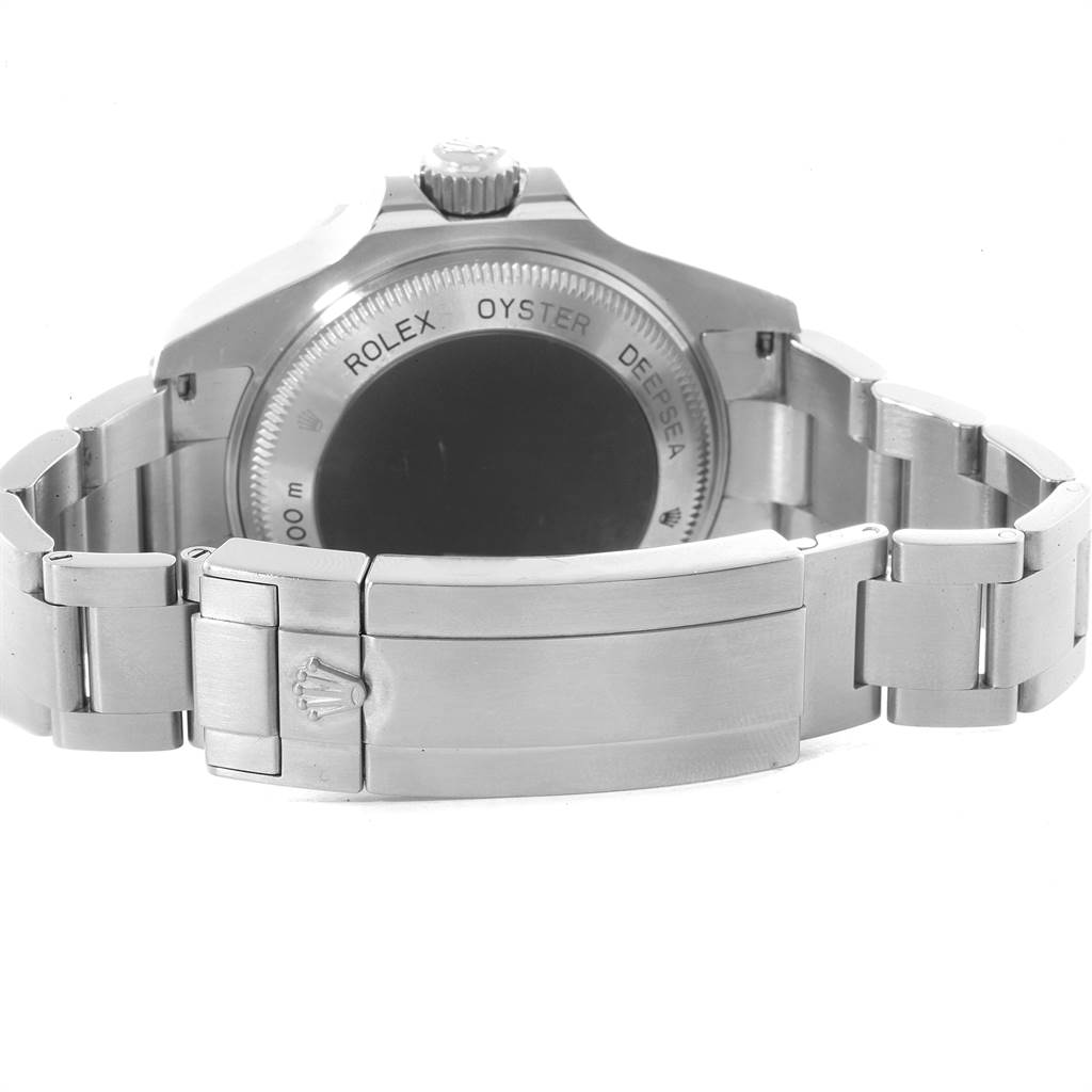 The image shows the back case and clasp of a Rolex Sea-Dweller 116660 Men's Stainless Steel Blue Dial 116660 Men's Stainless Steel Blue Dial watch.