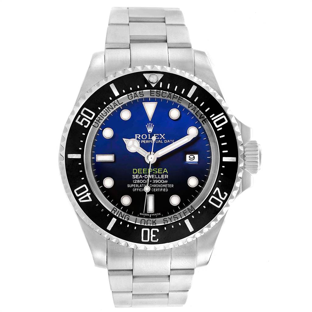 This image shows a frontal view of a Rolex Sea-Dweller 116660 Men's Stainless Steel Blue Dial 116660 Men's Stainless Steel Blue Dial watch with its dial, bezel, and bracelet prominently visible.