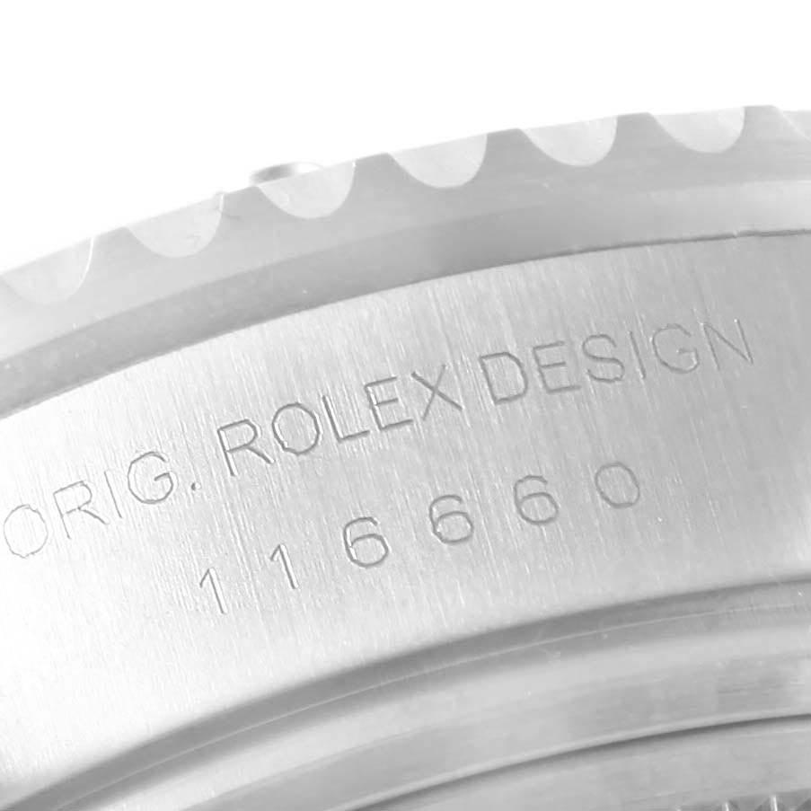 This image shows a close-up of the engraved case back of the Rolex Sea-Dweller 116660 Men's Stainless Steel Blue Dial 116660 Men's Stainless Steel Blue Dial watch, highlighting the design and model number.