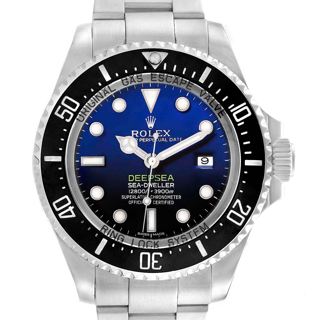 This image shows a front view of the Rolex Sea-Dweller 116660 Men's Stainless Steel Blue Dial 116660 Men's Stainless Steel Blue Dial watch, highlighting its dial, bezel, and bracelet.
