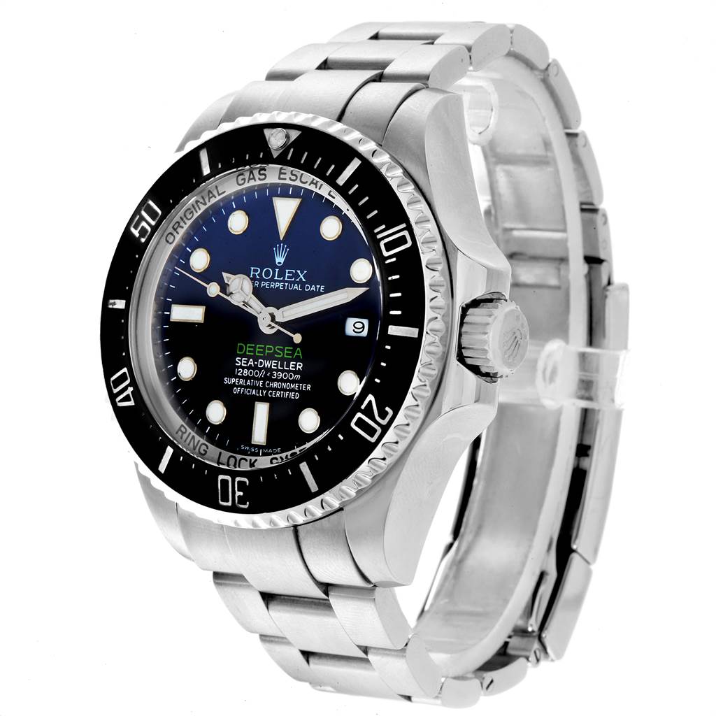 The Rolex Sea-Dweller 116660 Men's Stainless Steel Blue Dial 116660 Men's Stainless Steel Blue Dial watch is shown from a three-quarter angle, highlighting the face, bezel, crown, and part of the bracelet.