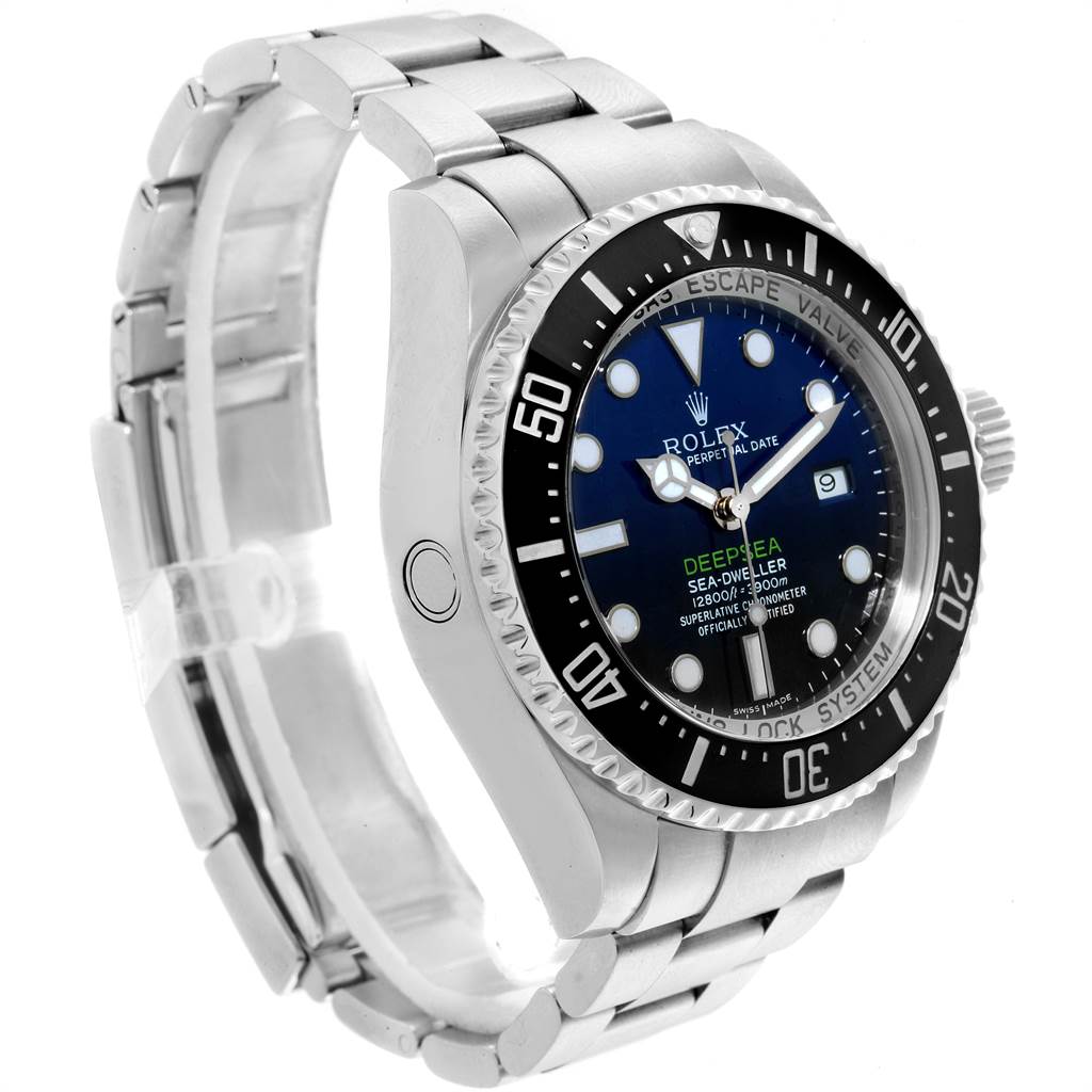 The image shows a side-angle view of the Rolex Sea-Dweller 116660 Men's Stainless Steel Blue Dial 116660 Men's Stainless Steel Blue Dial watch, highlighting its face, bezel, and bracelet.