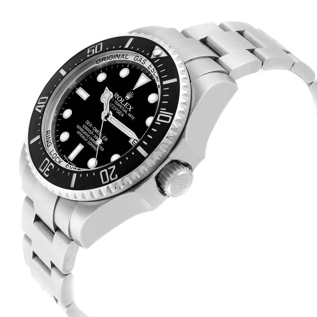 This image shows a Rolex Sea-Dweller 116660 Men
s Stainless Steel Black Dial 116660 Men
s Stainless Steel Black Dial watch from an angled side view, highlighting the bezel, crown, and strap.