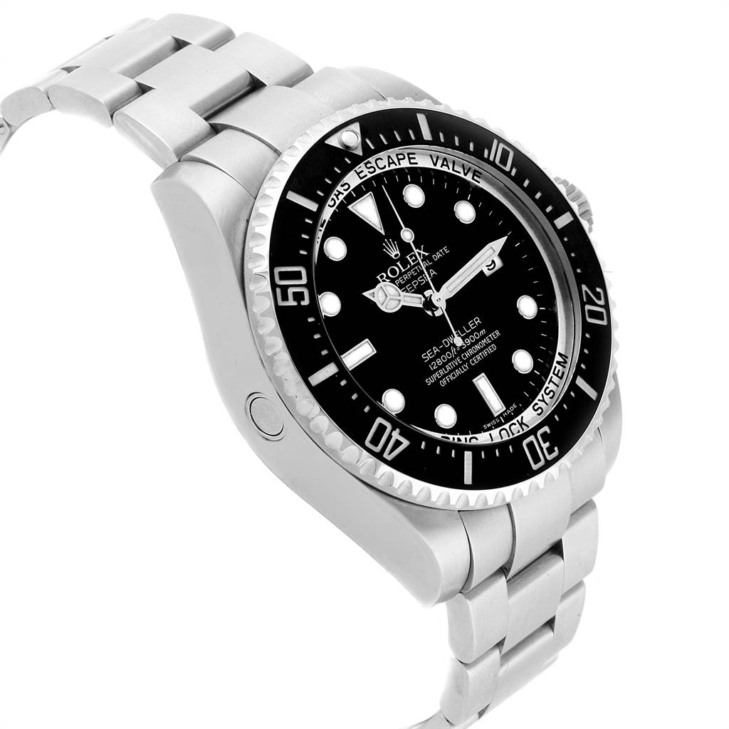 This image shows a side angle of the Rolex Sea-Dweller 116660 Men
s Stainless Steel Black Dial 116660 Men
s Stainless Steel Black Dial watch, highlighting its bracelet, bezel, and dial.