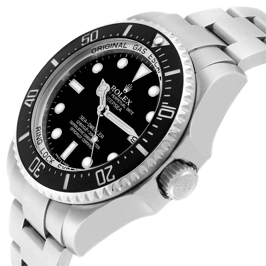 The image shows a side angle view of a Rolex Sea-Dweller 116660 Men
s Stainless Steel Black Dial 116660 Men
s Stainless Steel Black Dial watch, highlighting the bezel, dial, and bracelet.