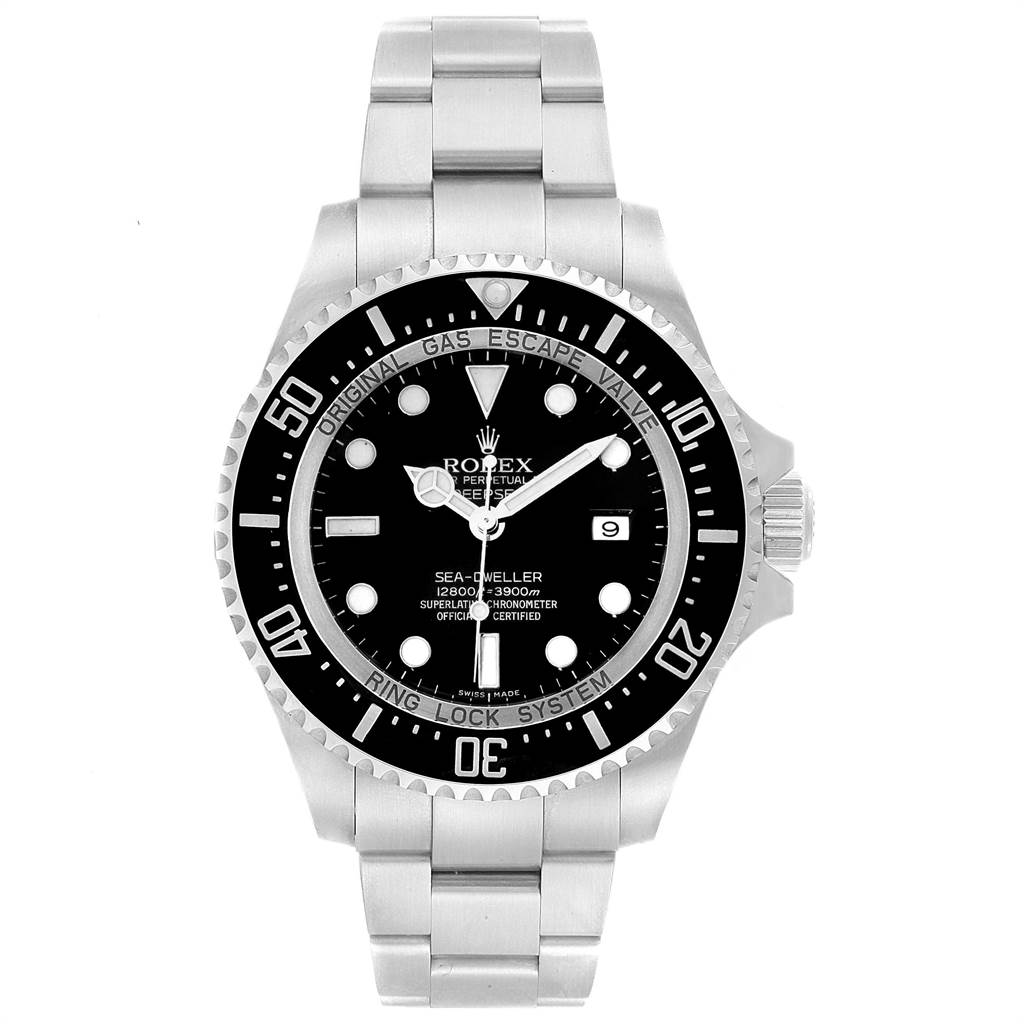The image shows a Rolex Sea-Dweller 116660 Men
s Stainless Steel Black Dial 116660 Men
s Stainless Steel Black Dial watch from a front view, displaying the dial, bezel, bracelet, and crown.