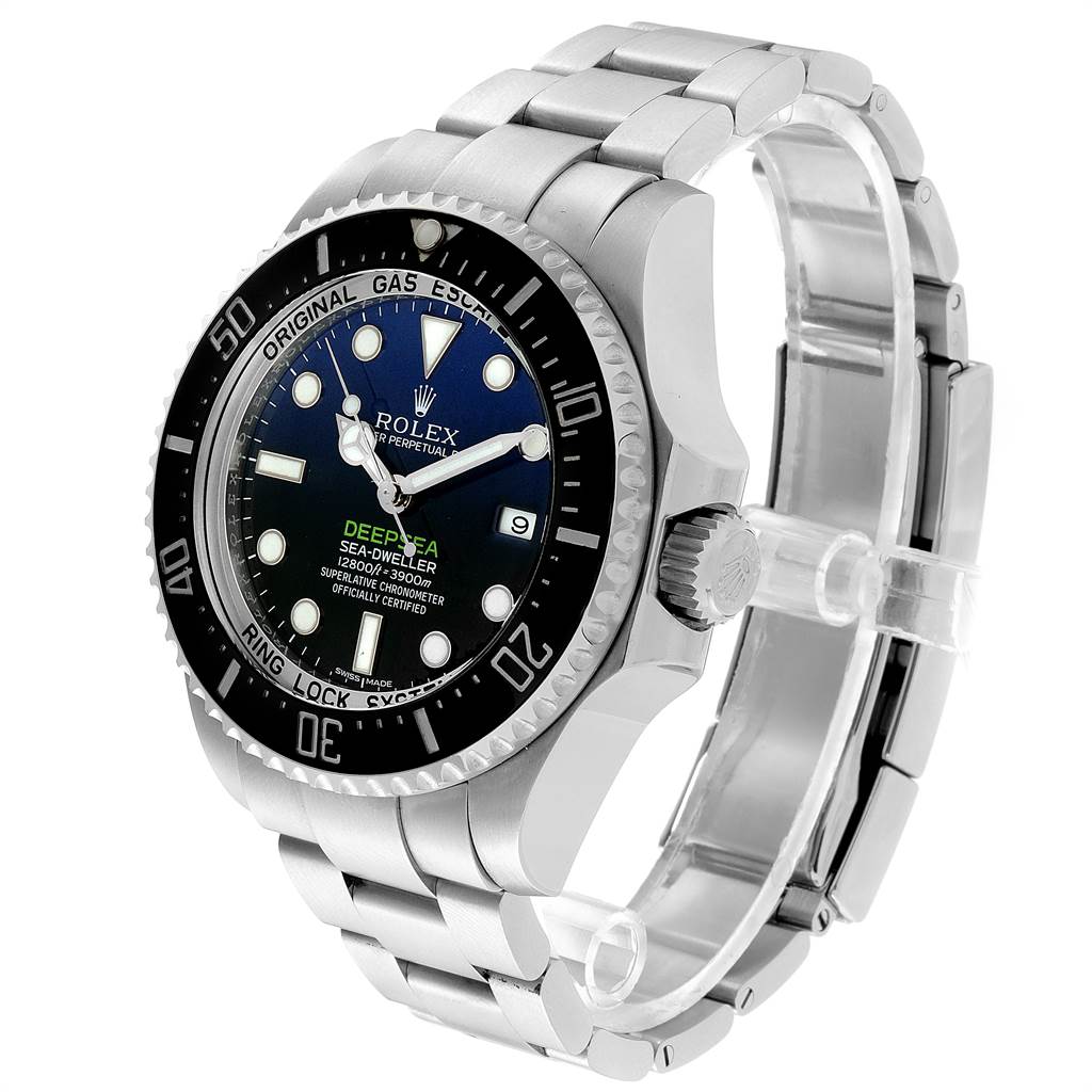The Rolex Sea-Dweller 116660 Men's Stainless Steel Blue Dial 116660 Men's Stainless Steel Blue Dial watch is shown at a slight side angle, displaying the dial, bezel, crown, and part of the metal bracelet.