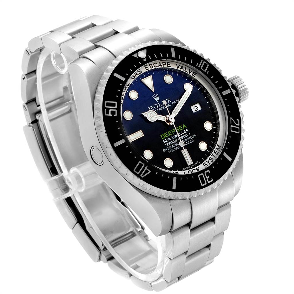 This image shows the Rolex Sea-Dweller 116660 Men's Stainless Steel Blue Dial 116660 Men's Stainless Steel Blue Dial watch from a three-quarter front angle, displaying its face, bezel, crown, and bracelet.