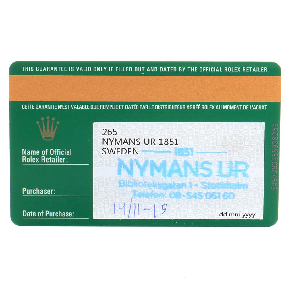 This is a warranty card for a Rolex Sea-Dweller 116660 Men's Stainless Steel Blue Dial 116660 Men's Stainless Steel Blue Dial watch, showing retailer information and purchase date.