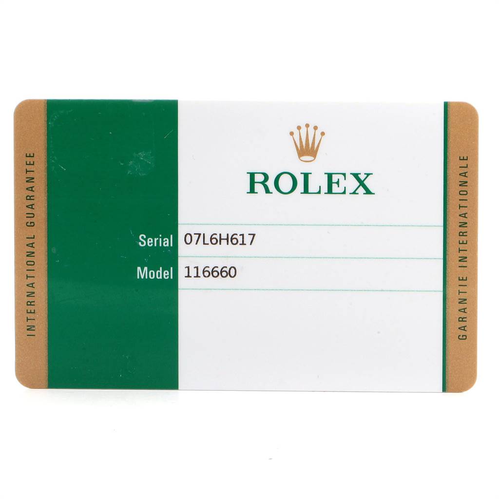 This image displays the International Guarantee card for the Rolex Sea-Dweller 116660 Men's Stainless Steel Blue Dial 116660 Men's Stainless Steel Blue Dial model 116660 with serial number 07L6H617.