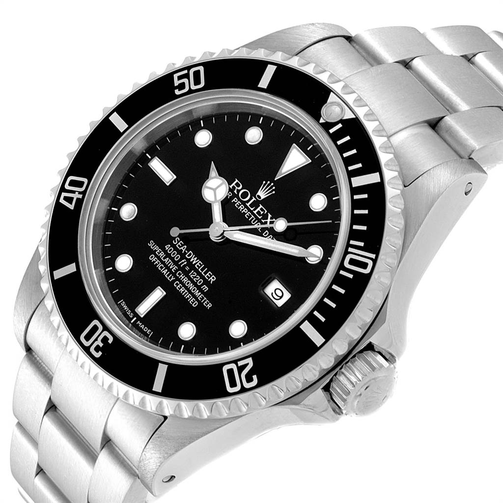 The image shows a Rolex Sea-Dweller 16600 Men
s Stainless Steel Black Dial 16600 Men
s Stainless Steel Black Dial watch, angled to display the face, bezel, crown, and part of the bracelet.