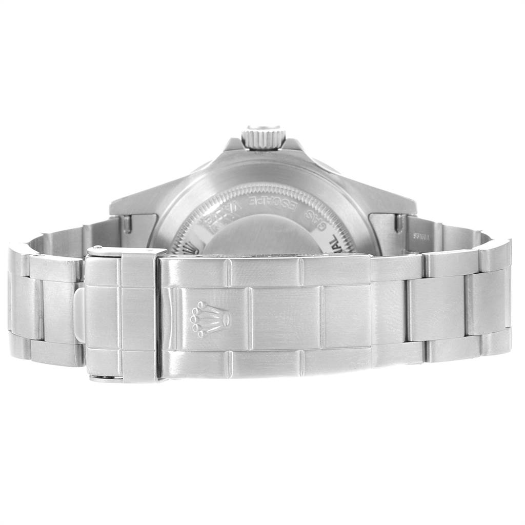 This image shows the stainless steel bracelet and clasp, and the back case of a Rolex Sea-Dweller 16600 Men
s Stainless Steel Black Dial 16600 Men
s Stainless Steel Black Dial watch.