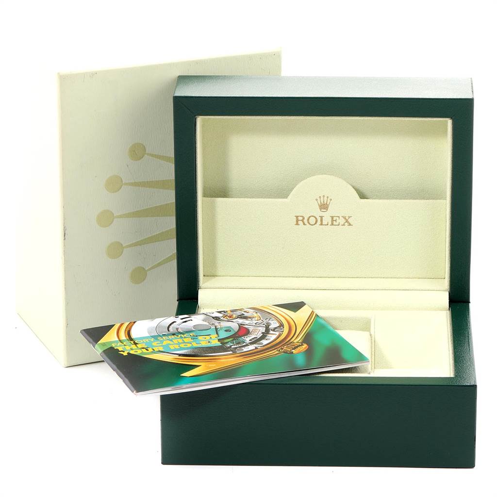 The image shows a Rolex Sea-Dweller 16600 Men
s Stainless Steel Black Dial 16600 Men
s Stainless Steel Black Dial watch box and manual, viewed from the front angle with the box open.