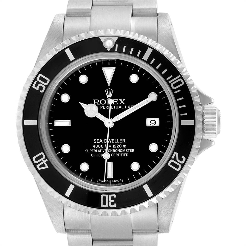 The image shows a front view of a Rolex Sea-Dweller 16600 Men
s Stainless Steel Black Dial 16600 Men
s Stainless Steel Black Dial watch, highlighting the dial, bezel, crown, and part of the bracelet.