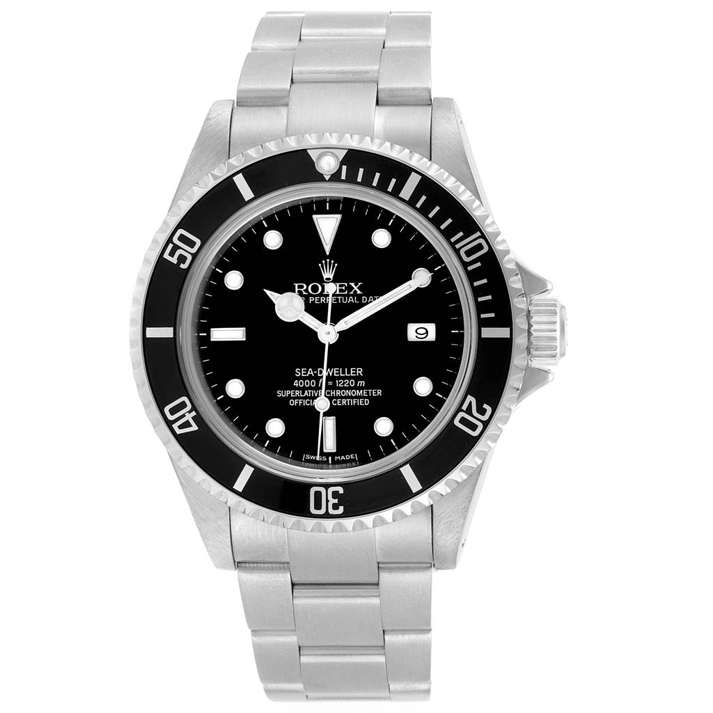 This image shows a front view of a Rolex Sea-Dweller 16600 Men
s Stainless Steel Black Dial 16600 Men
s Stainless Steel Black Dial watch, displaying its dial, bezel, and bracelet.