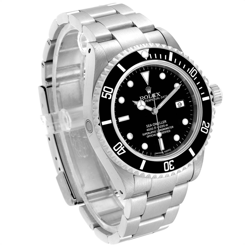 The Rolex Sea-Dweller 16600 Men
s Stainless Steel Black Dial 16600 Men
s Stainless Steel Black Dial watch is shown at a left-front angle, displaying the dial, bezel, and metal bracelet.