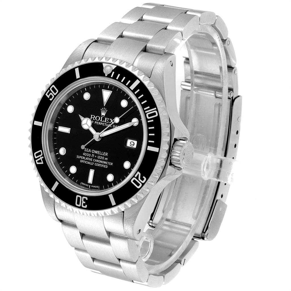 This image shows a Rolex Sea-Dweller 16600 Men
s Stainless Steel Black Dial 16600 Men
s Stainless Steel Black Dial watch from a front and side angle, highlighting its face, bezel, crown, and bracelet.