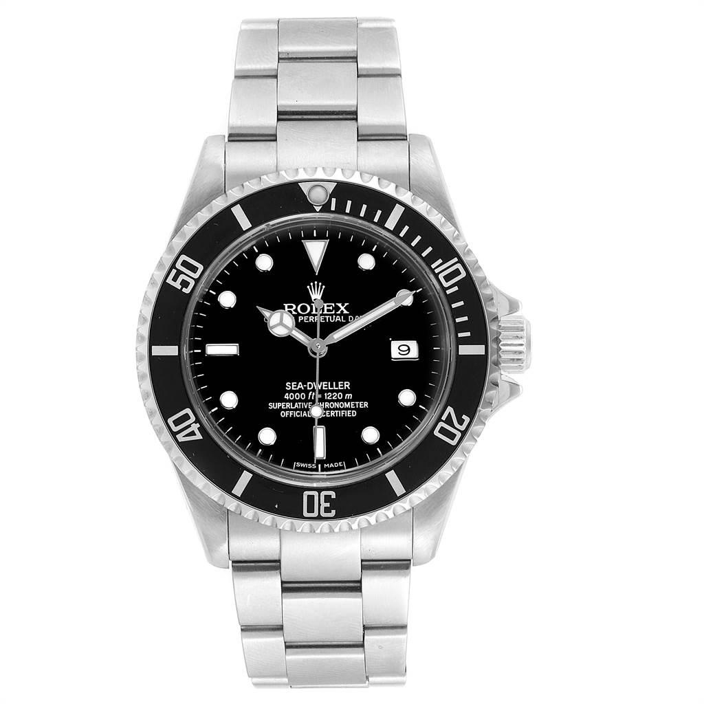 The Rolex Sea-Dweller 16600 Men
s Stainless Steel Black Dial 16600 Men
s Stainless Steel Black Dial watch is captured from a top-down angle, showing its face, bezel, and bracelet.