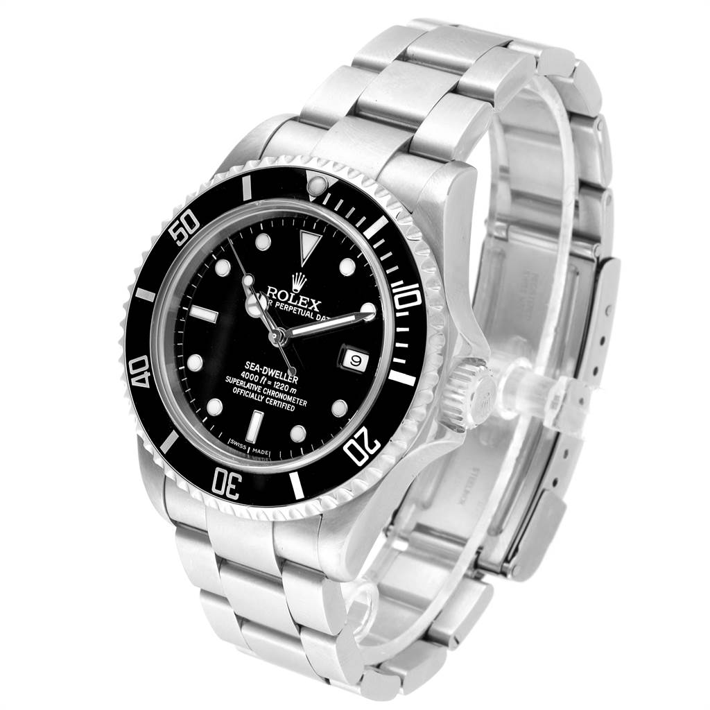 The image shows a Rolex Sea-Dweller 16600 Men
s Stainless Steel Black Dial 16600 Men
s Stainless Steel Black Dial watch from a three-quarter angle, highlighting the face, bezel, and stainless steel bracelet.